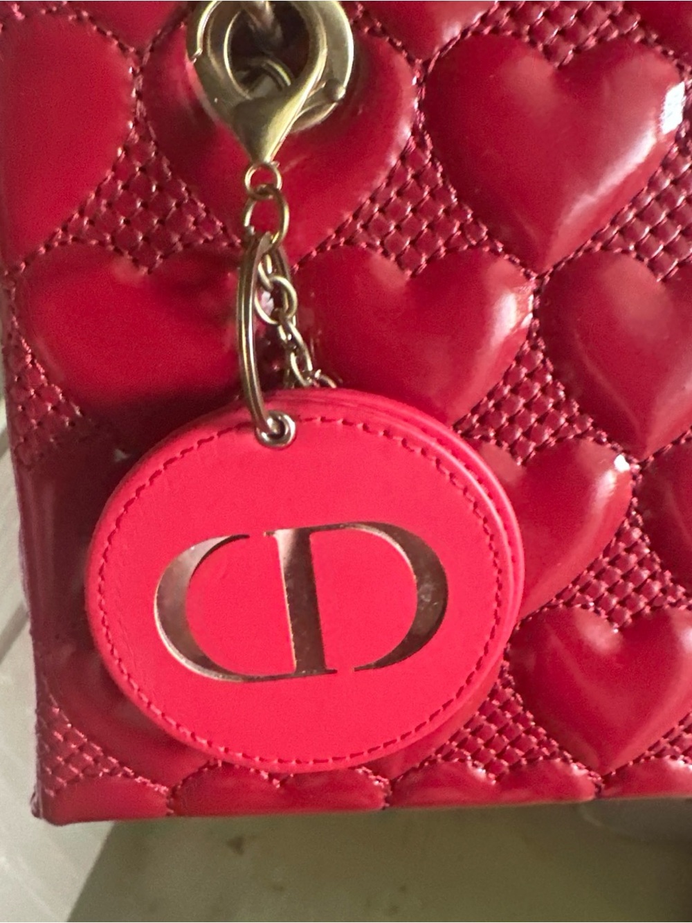 Dior Red Leather CD Round Key Charm with Gold Hardware